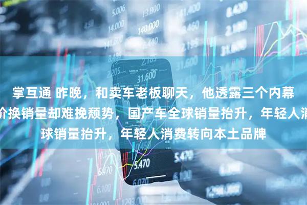 掌互通 昨晚，和卖车老板聊天，他透露三个内幕消息，BBA大降价换销量却难挽颓势，国产车全球销量抬升，年轻人消费转向本土品牌